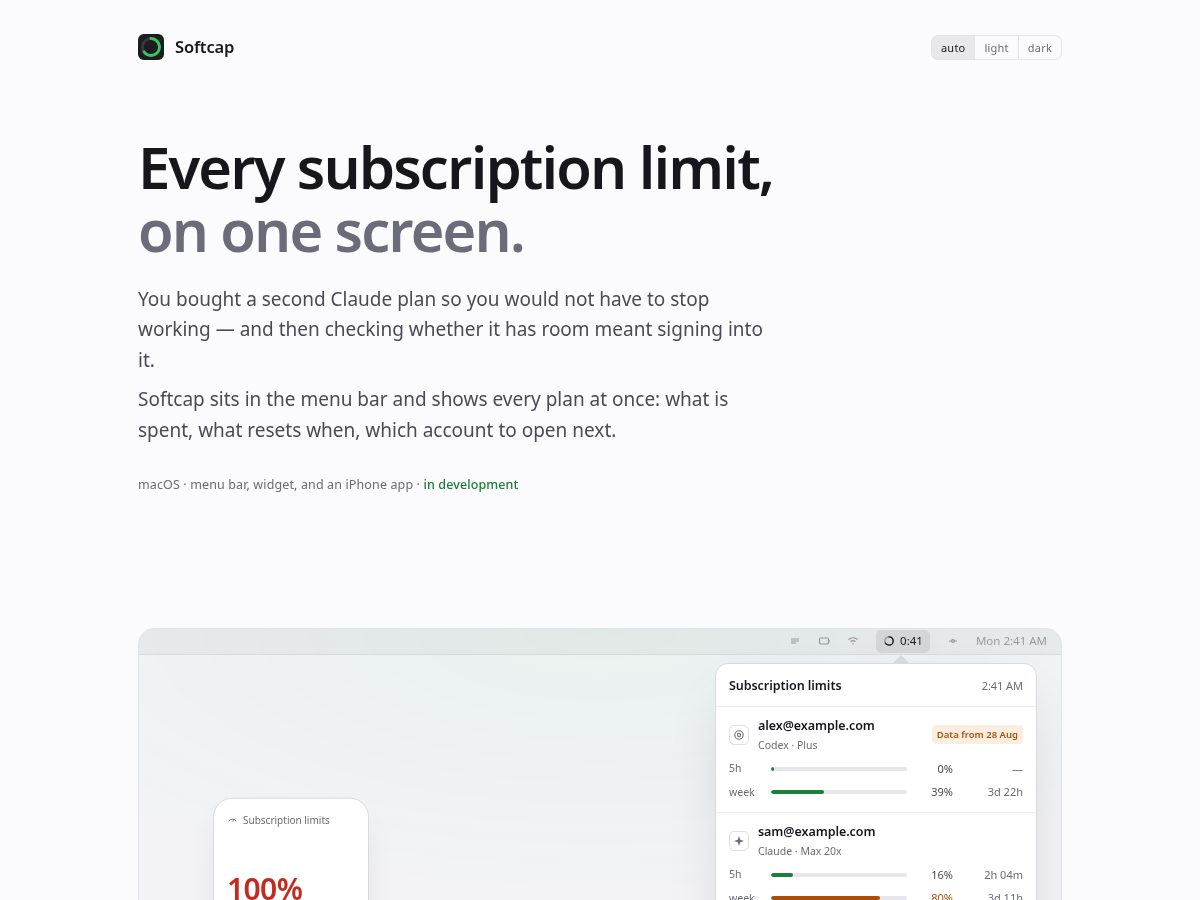 Landing-page snapshot of softcap.app