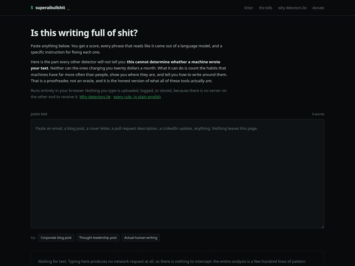 Landing-page snapshot of superaibullshit.com