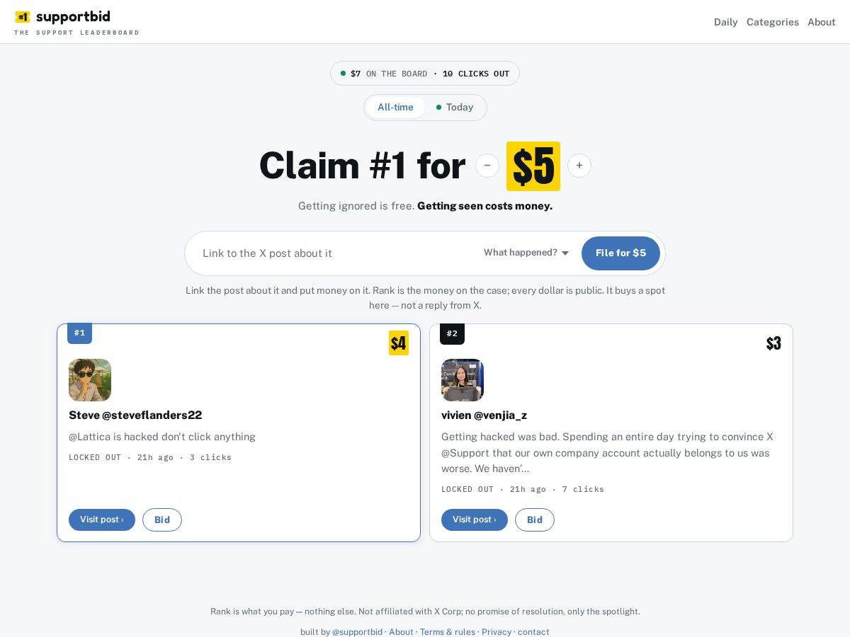 Landing-page snapshot of supportbid.com