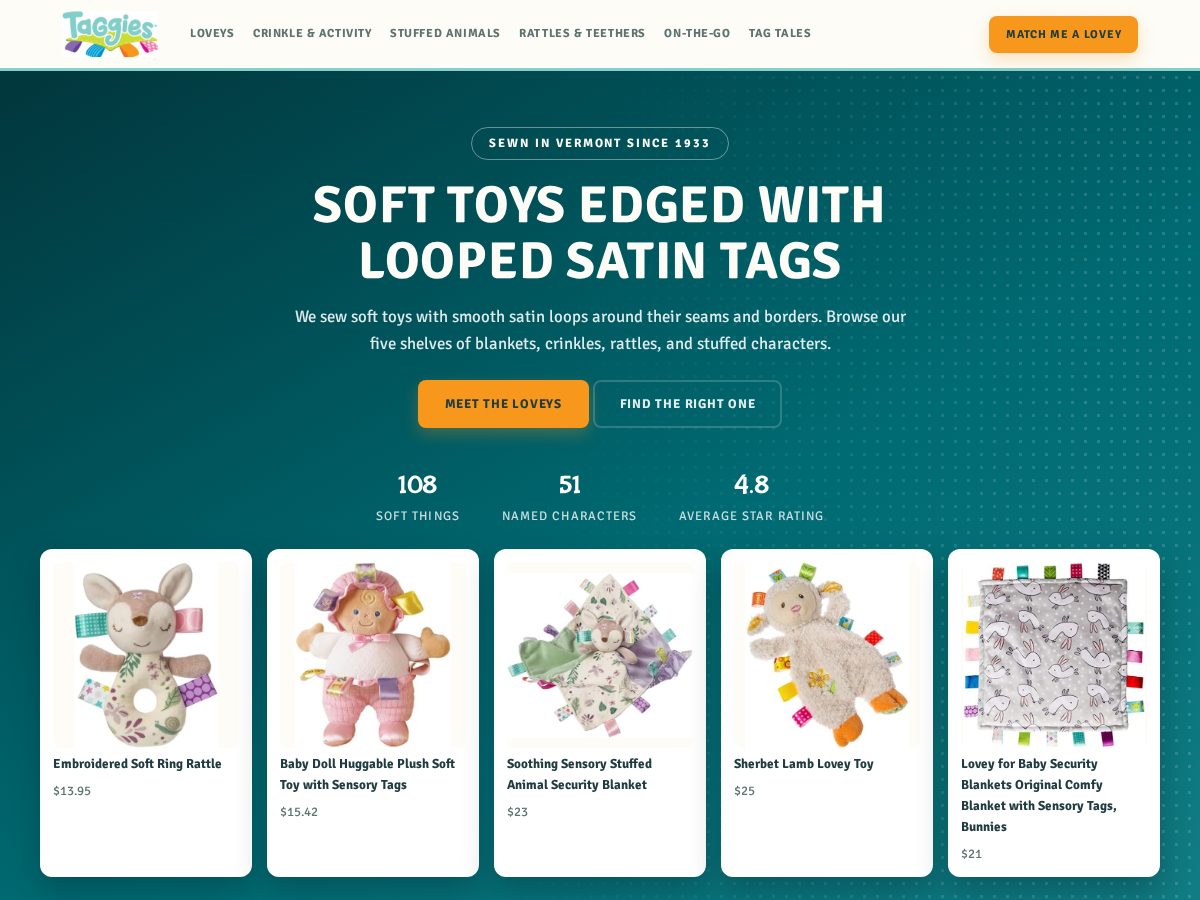 Landing-page snapshot of taggiesusa.com