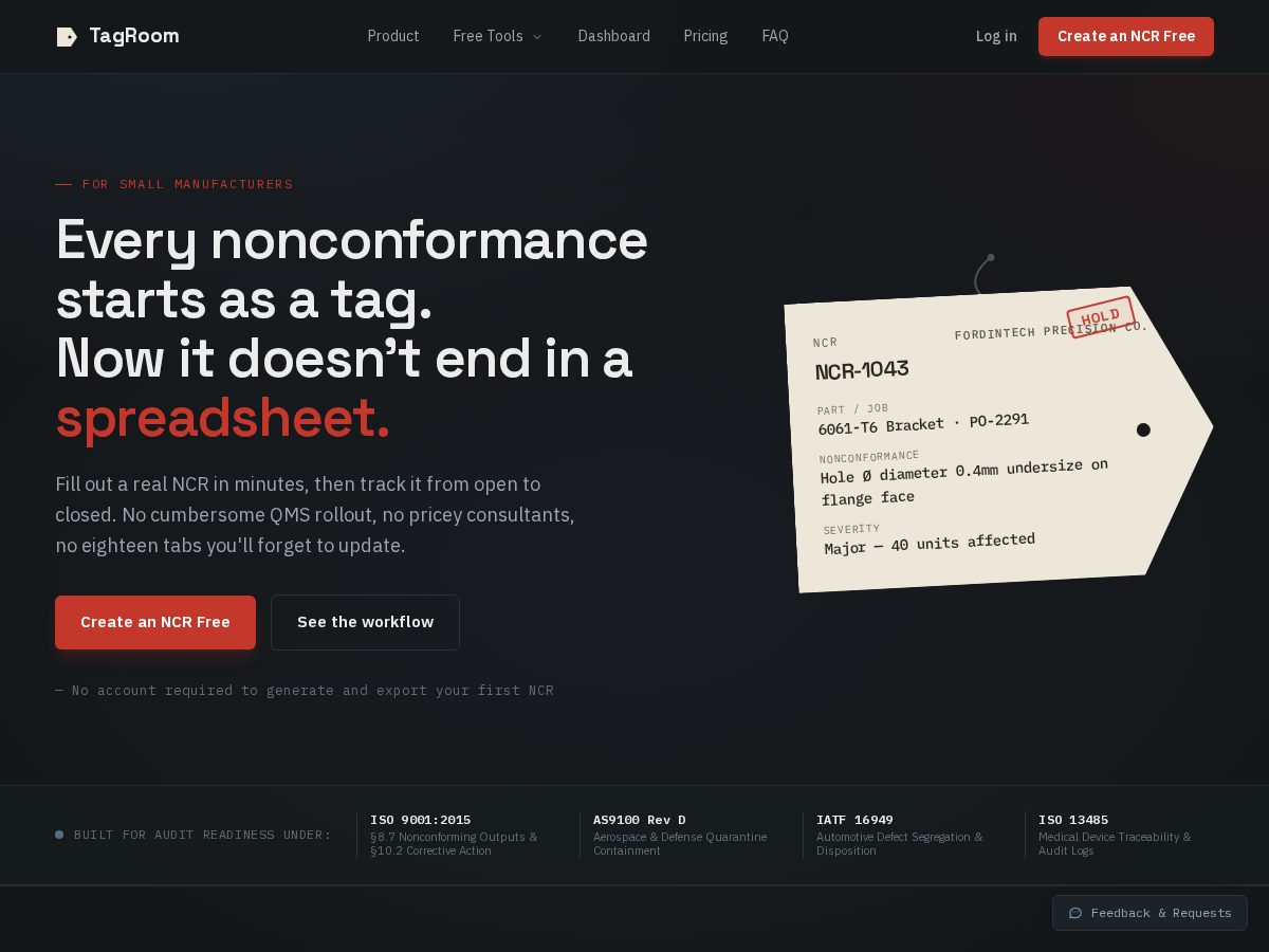 Landing-page snapshot of tagroomqms.xyz