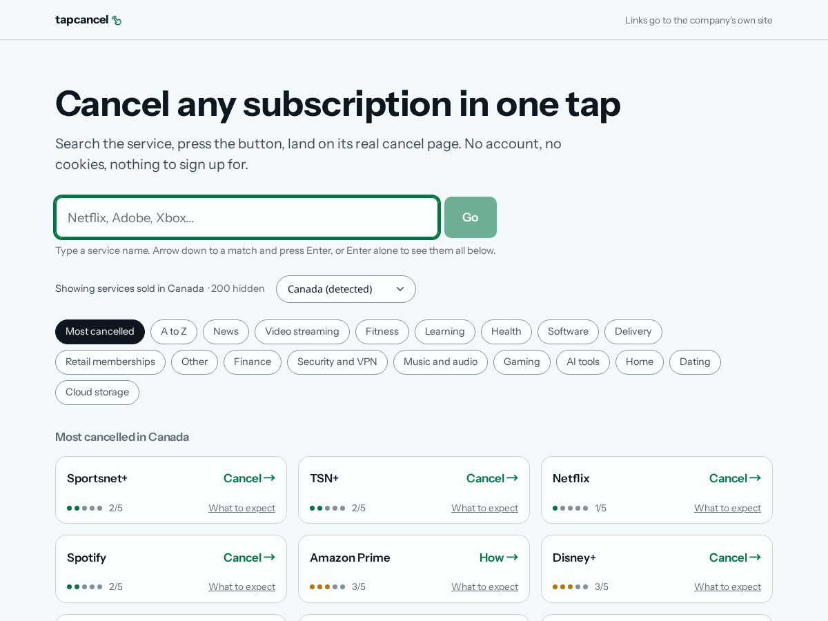 Landing-page snapshot of tapcancel.com