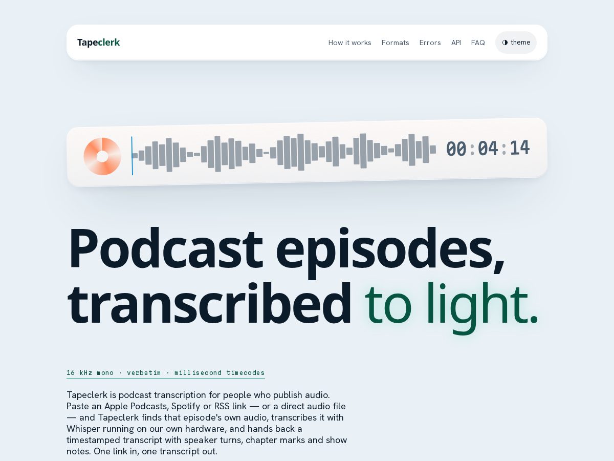 Landing-page snapshot of tapeclerk.com