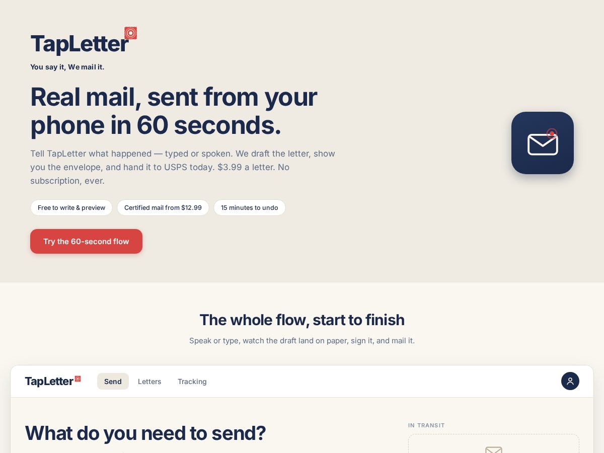 Landing-page snapshot of tapletter.com