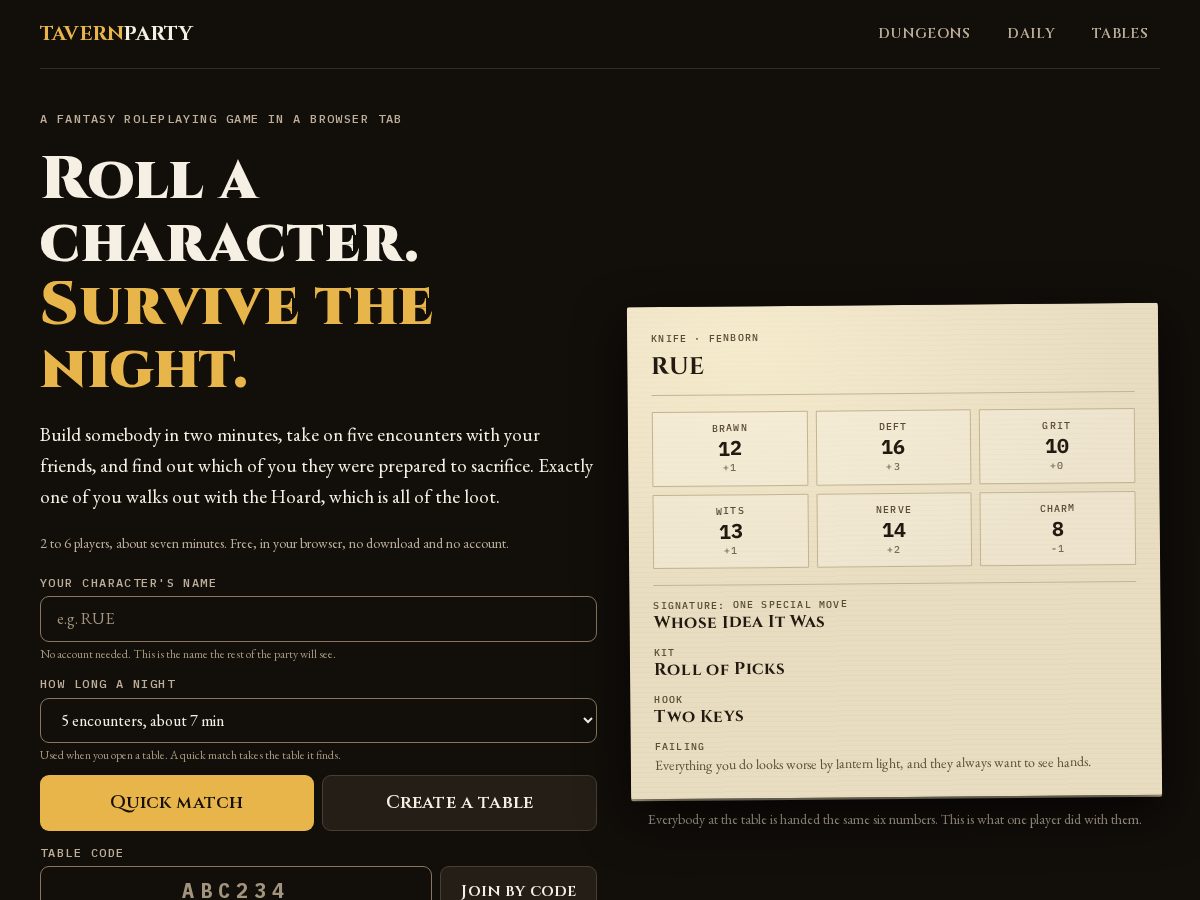 Landing-page snapshot of tavernparty.com