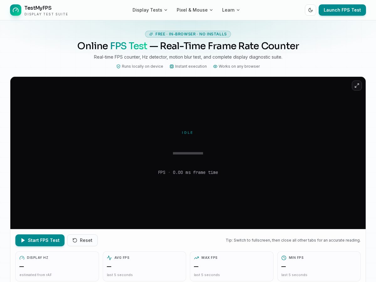 Landing-page snapshot of testmyfps.com