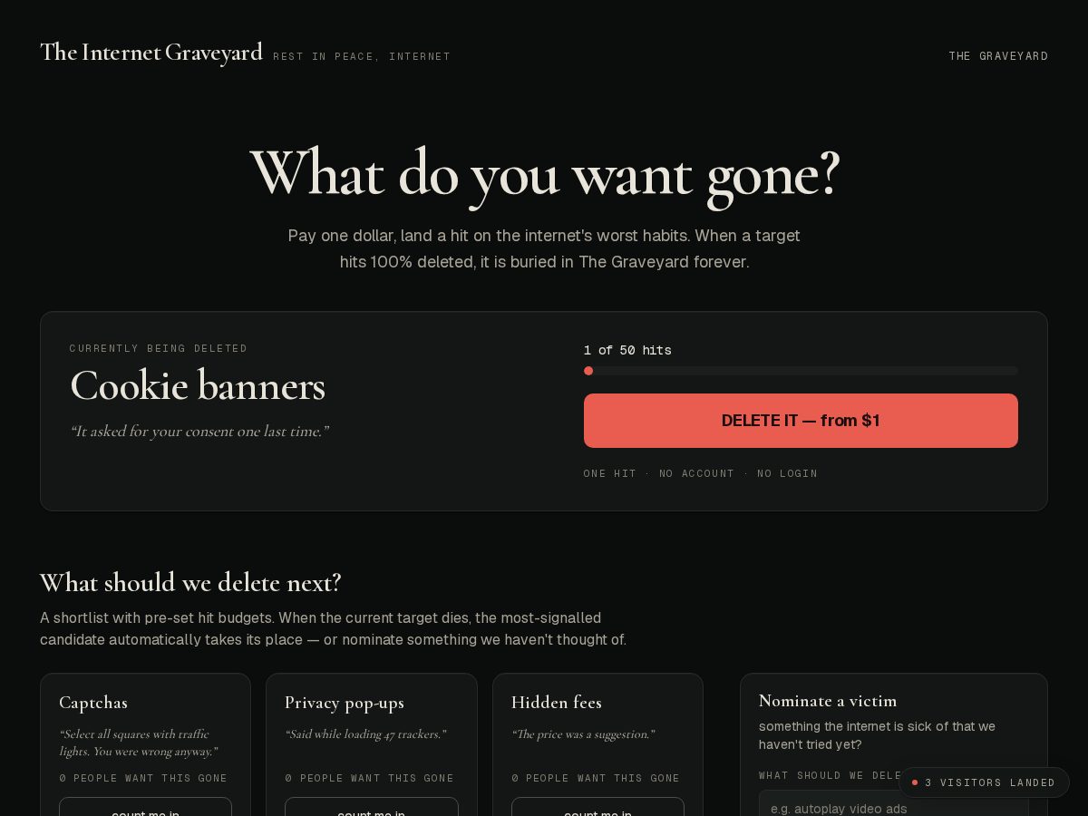 Landing-page snapshot of theinternetgraveyard.com