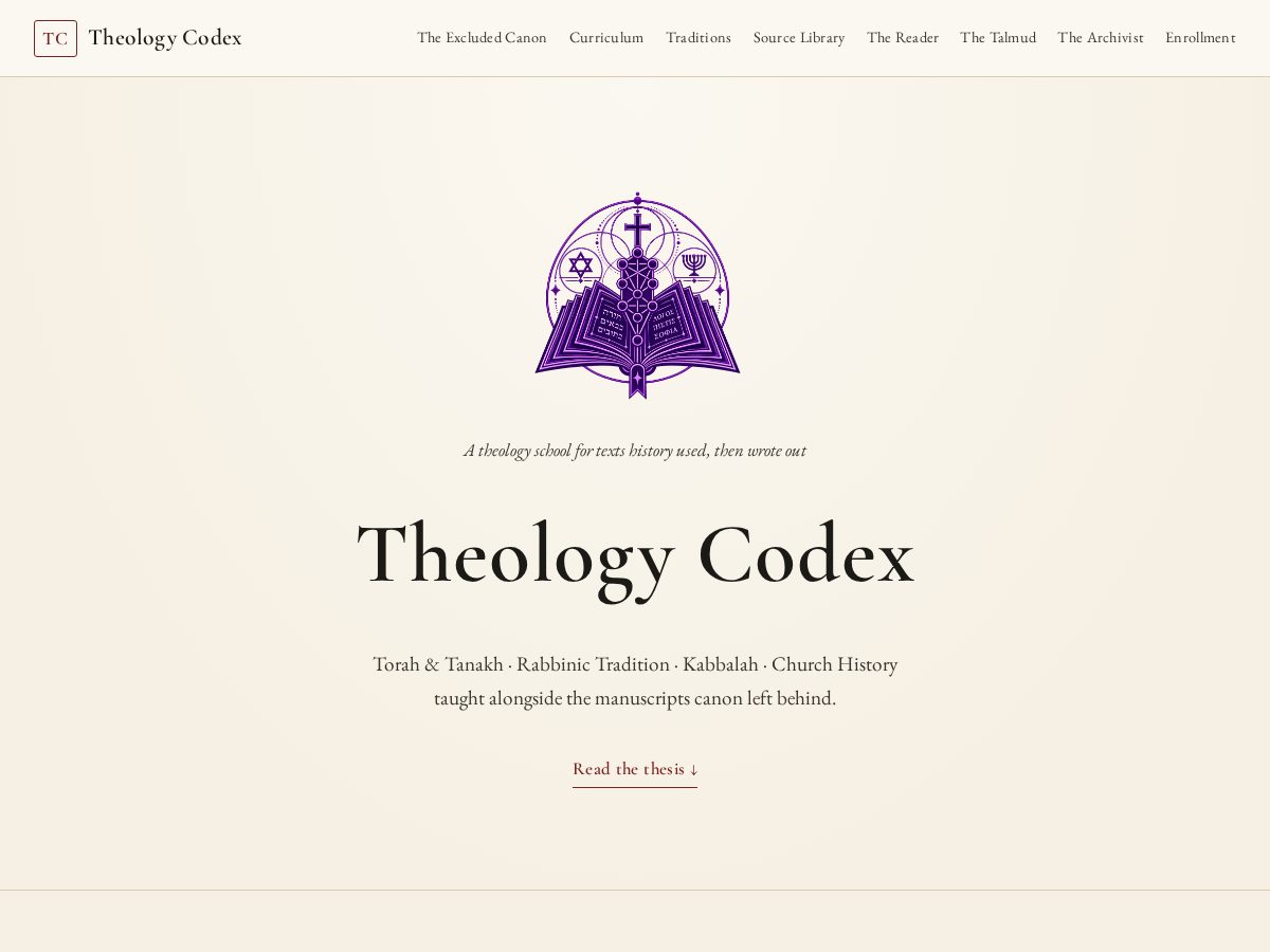 Landing-page snapshot of theologycodex.com