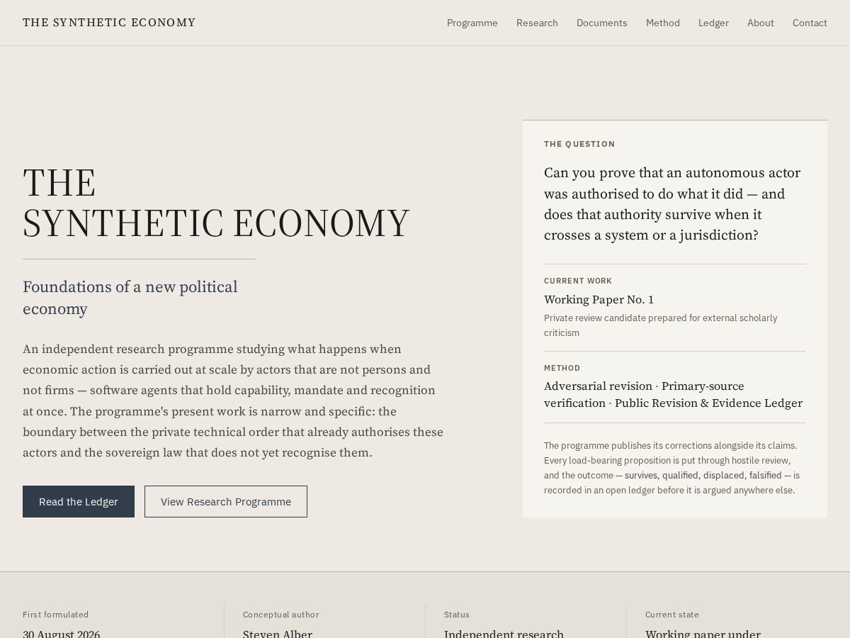 Landing-page snapshot of thesyntheticeconomy.org