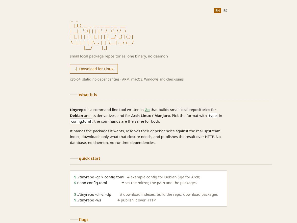 Landing-page snapshot of tinyrepo.dev
