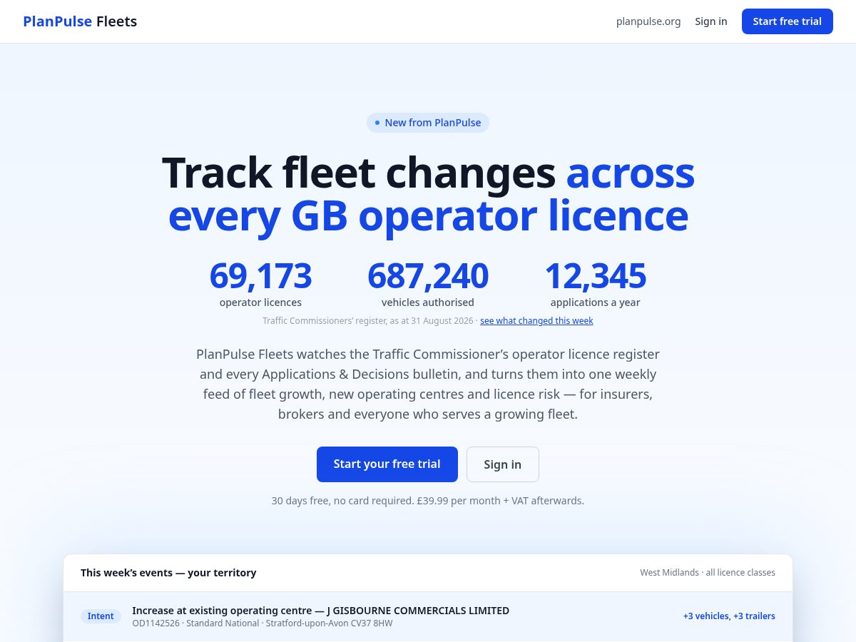Landing-page snapshot of tryplanpulsefleets.org