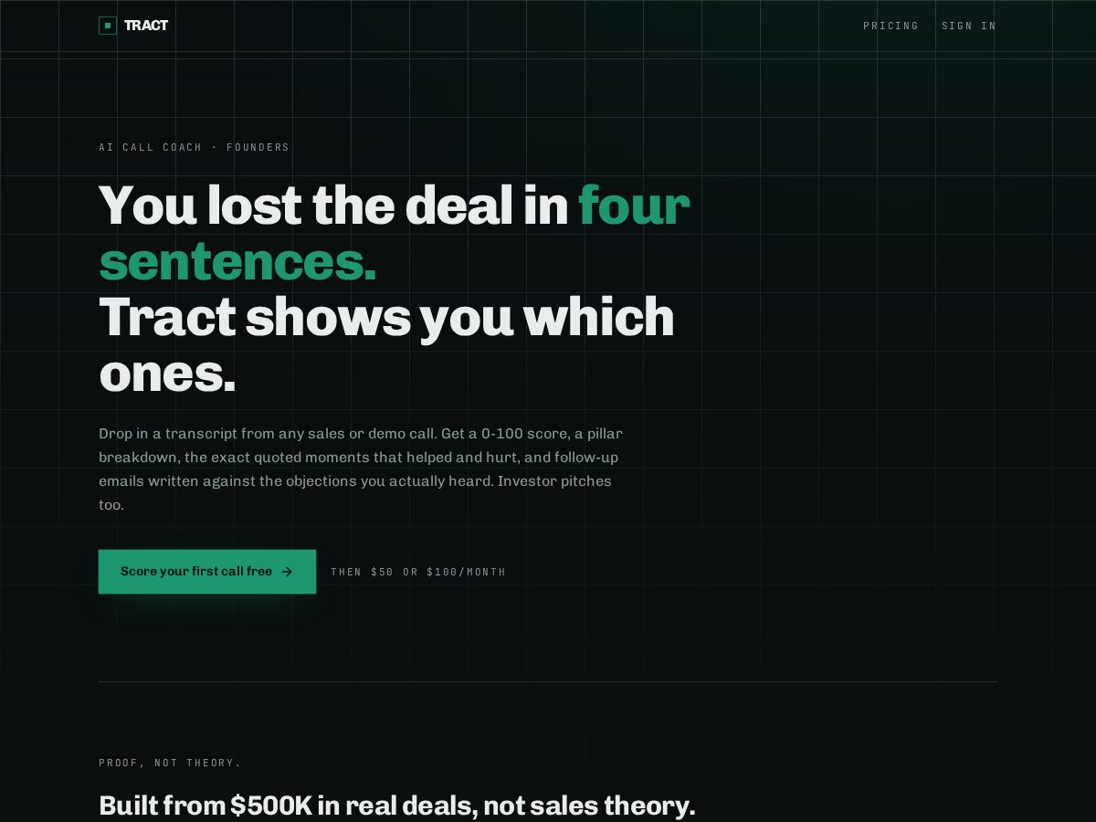 Landing-page snapshot of usetract.store