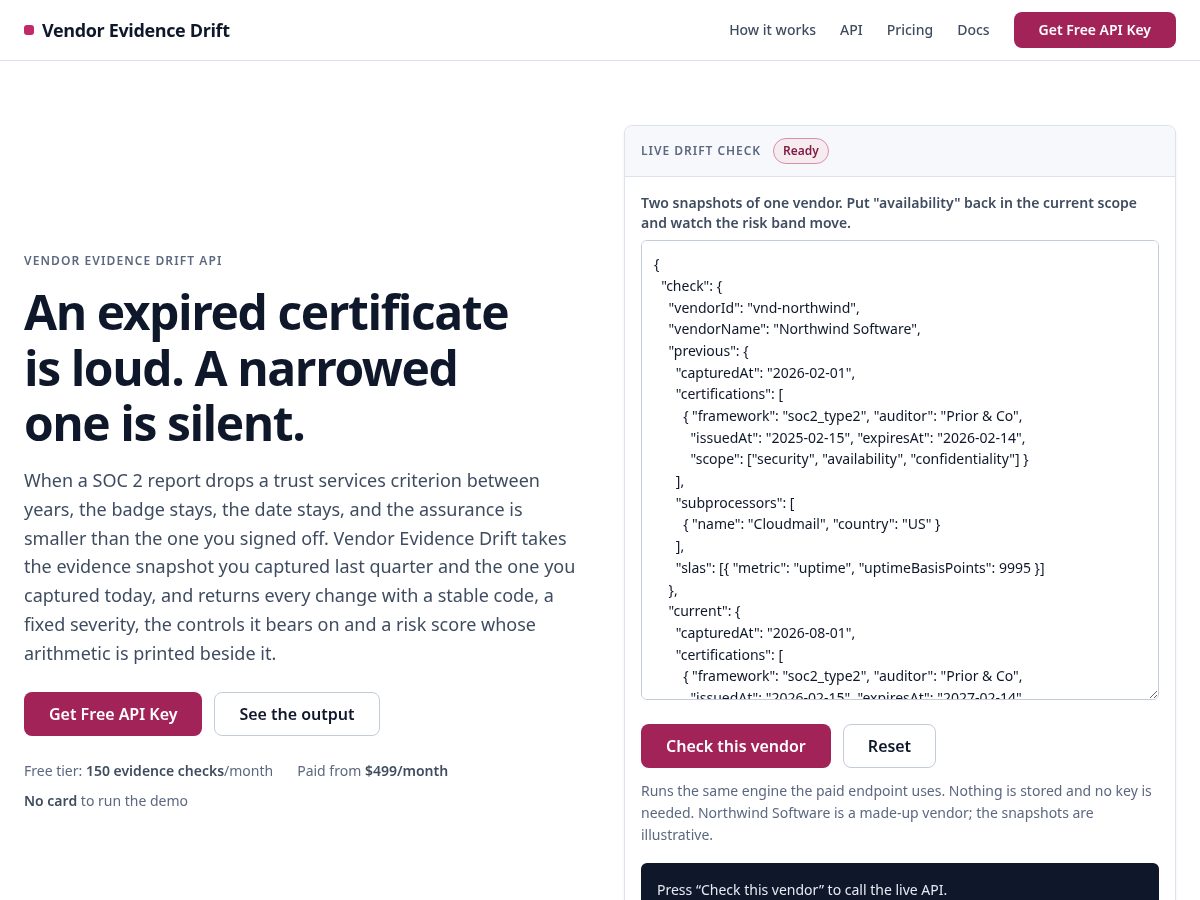 Landing-page snapshot of vendorevidence-api.com