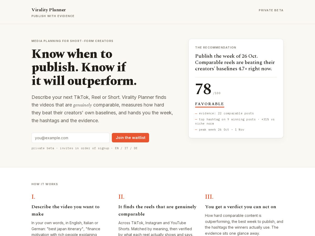 Landing-page snapshot of viralityplanner.com