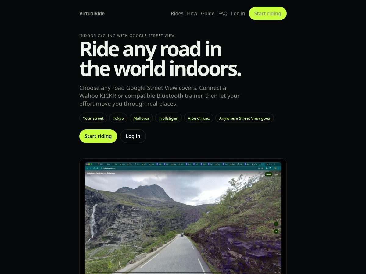 Landing-page snapshot of virtualrideapp.com