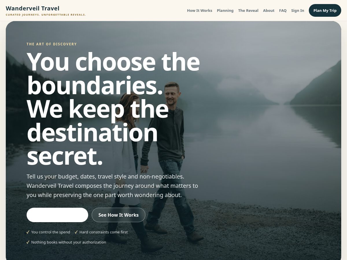 Landing-page snapshot of wanderveiltravel.net