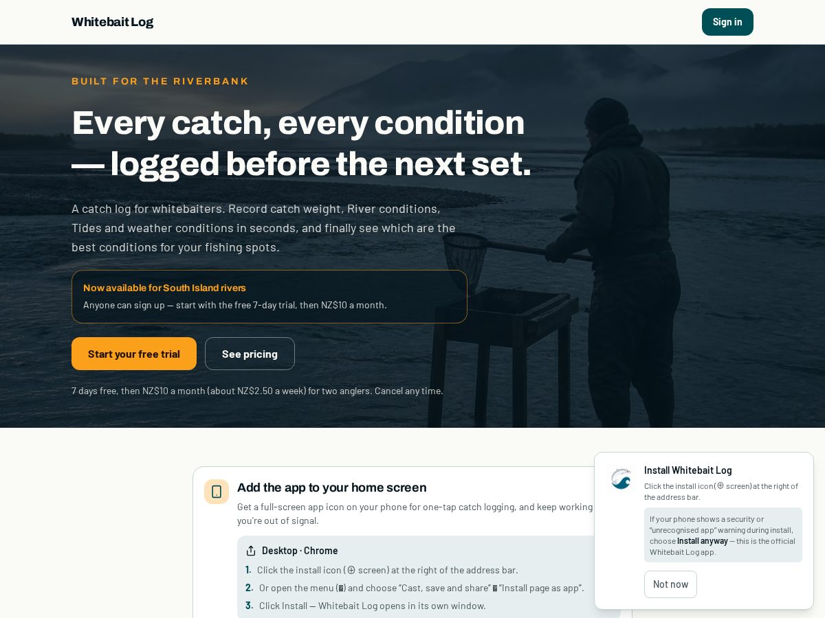Landing-page snapshot of whitebaiting.app