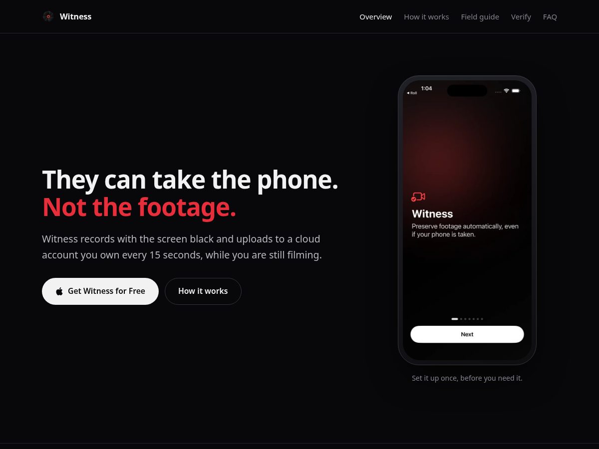 Landing-page snapshot of witnessrecord.app