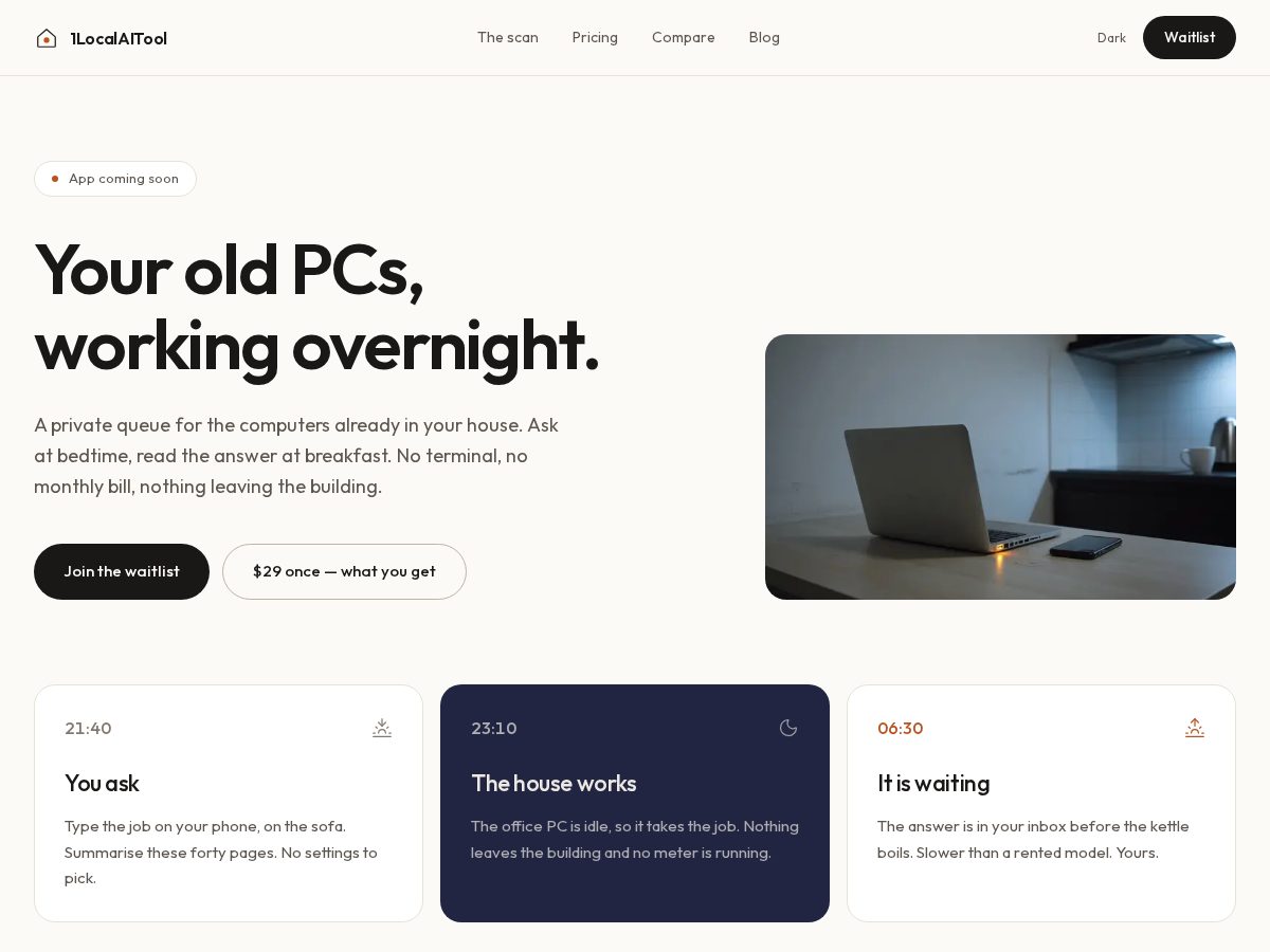 Landing-page snapshot of 1localaitool.com