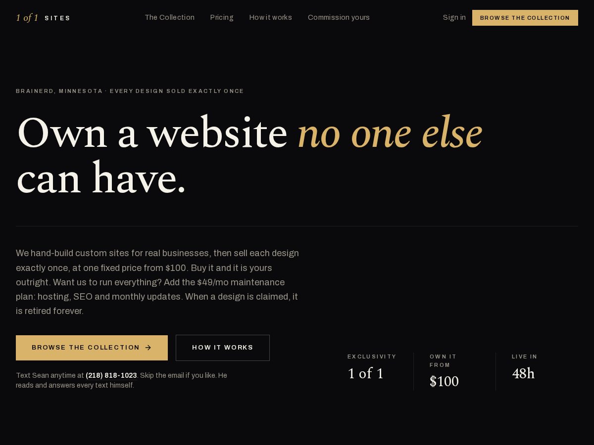Landing-page snapshot of 1of1sites.com