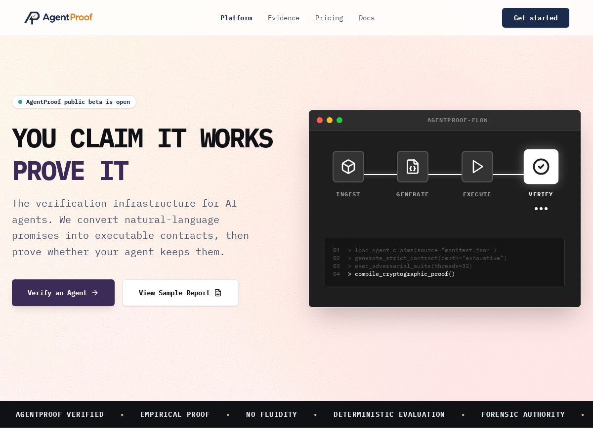Landing-page snapshot of agent-proof.dev