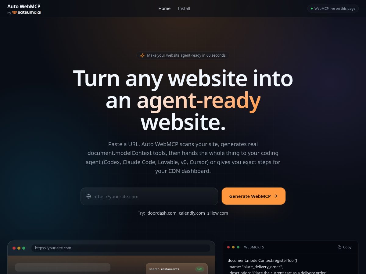 Landing-page snapshot of autowebmcp.com