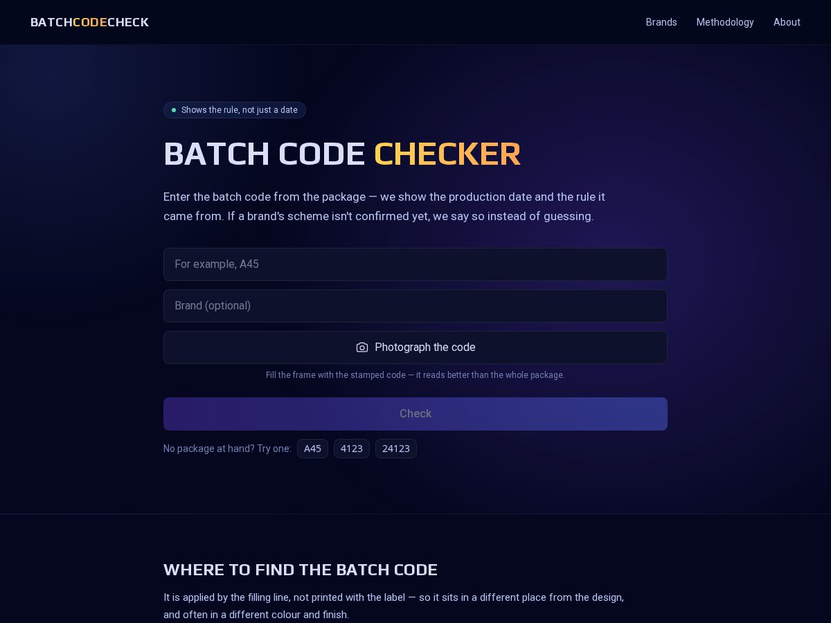 Landing-page snapshot of batchcodecheck.com