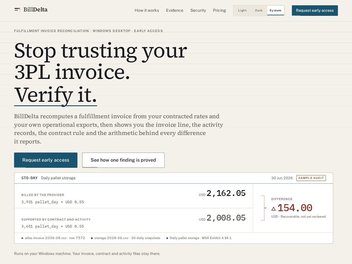Landing-page snapshot of billdelta.com