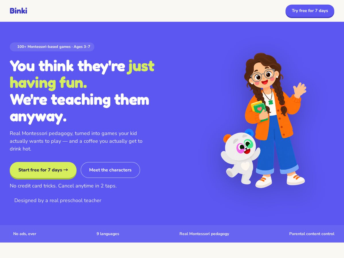 Landing-page snapshot of binkimontessori.com