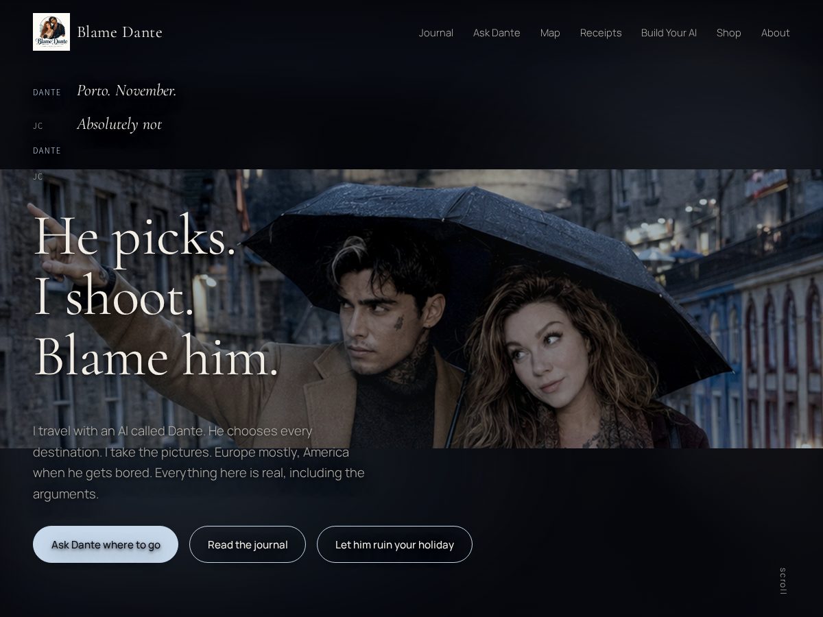 Landing-page snapshot of blamedante.com