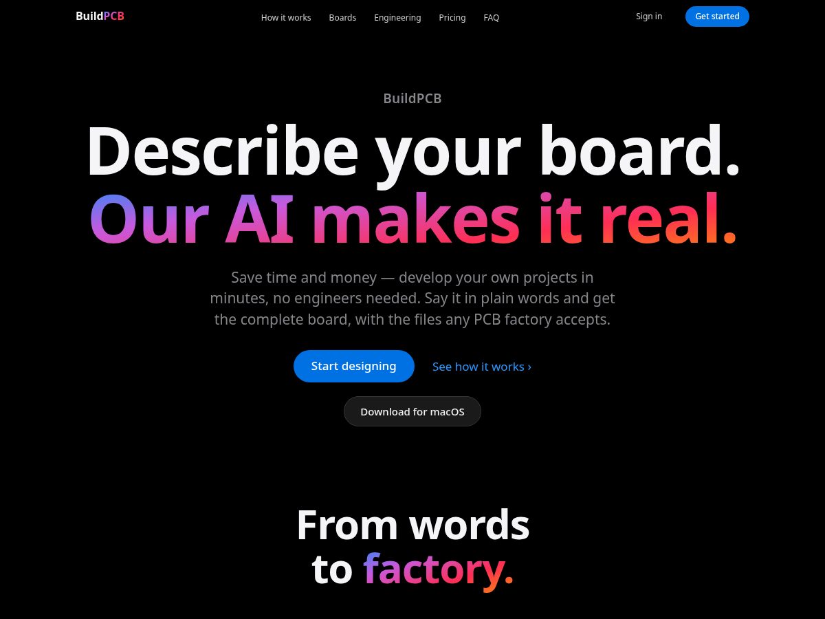 Landing-page snapshot of buildpcb.tech