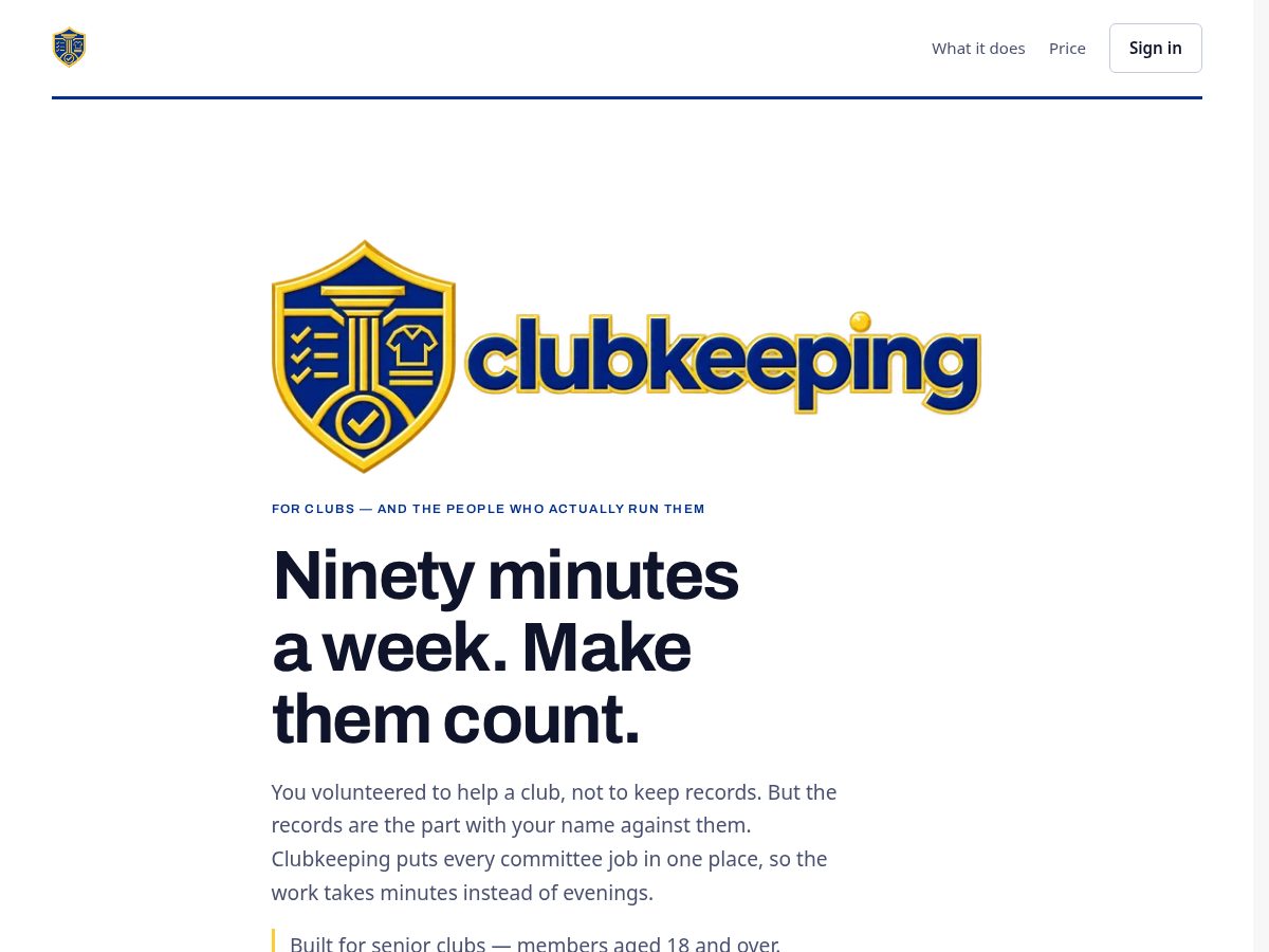 Landing-page snapshot of clubkeeping.com