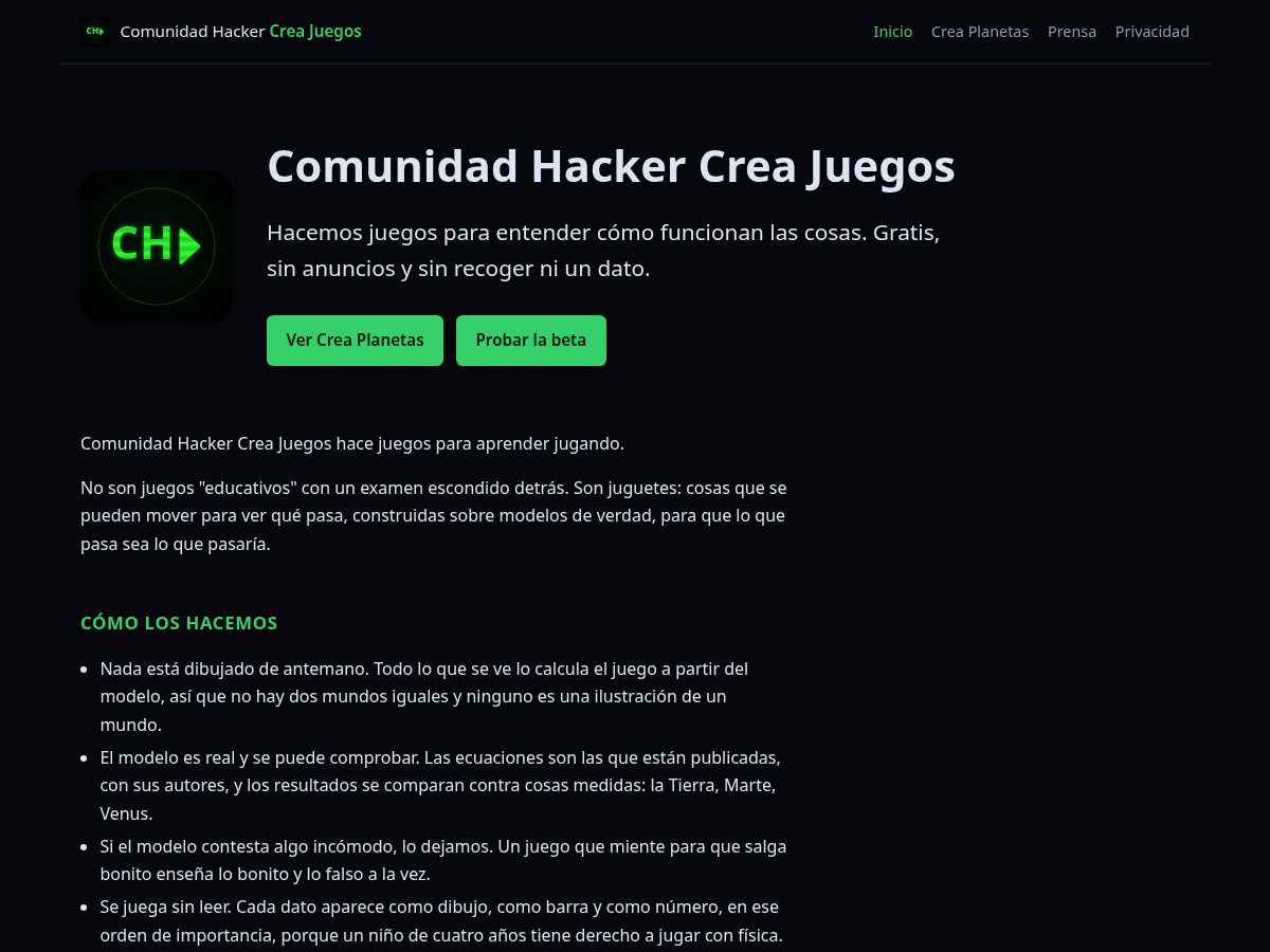 Landing-page snapshot of comhackcreajuegos.com