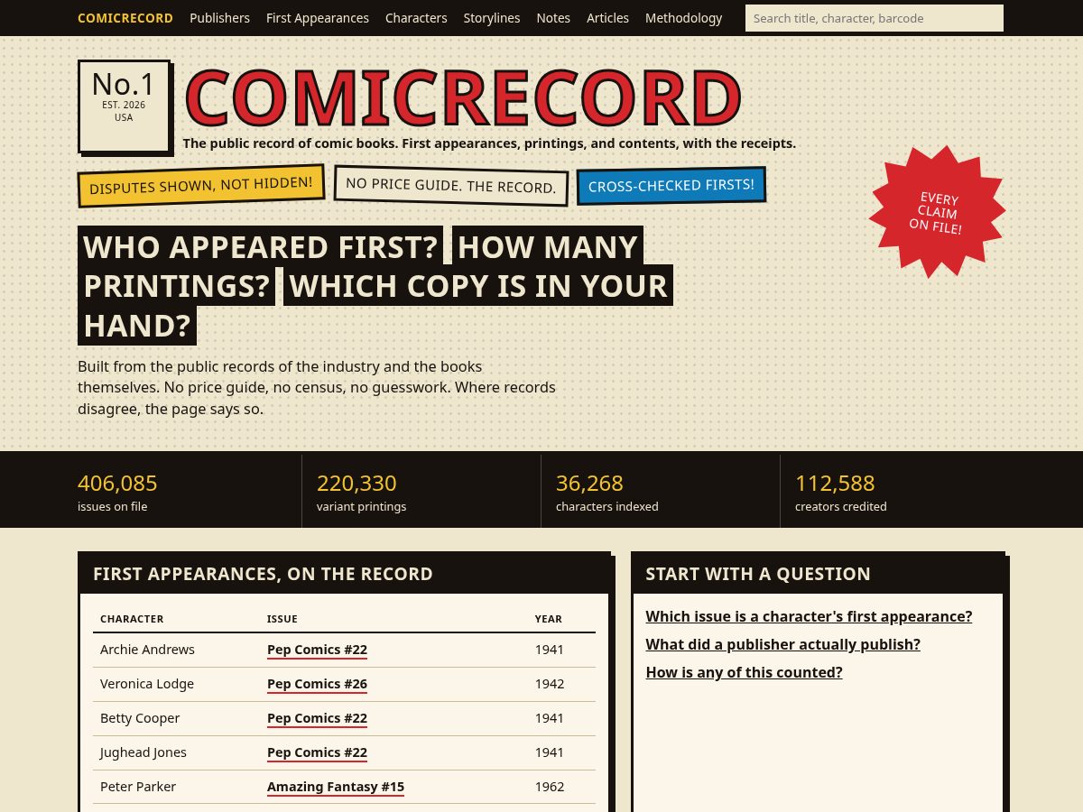 Landing-page snapshot of comicrecord.com