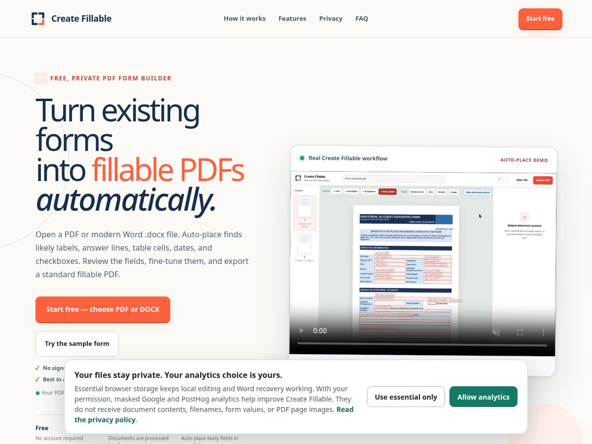 Landing-page snapshot of createfillable.com