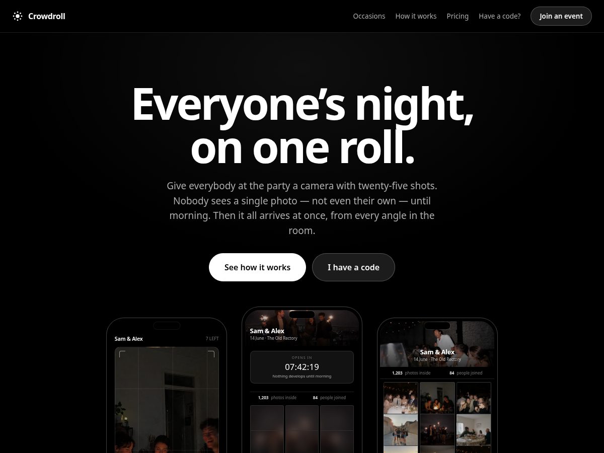 Landing-page snapshot of crowdroll.cam
