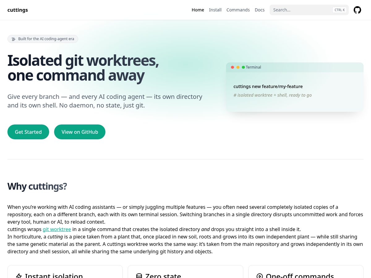 Landing-page snapshot of cuttings.dev