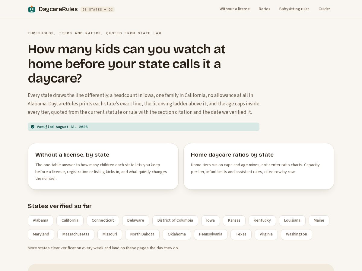 Landing-page snapshot of daycarerules.com