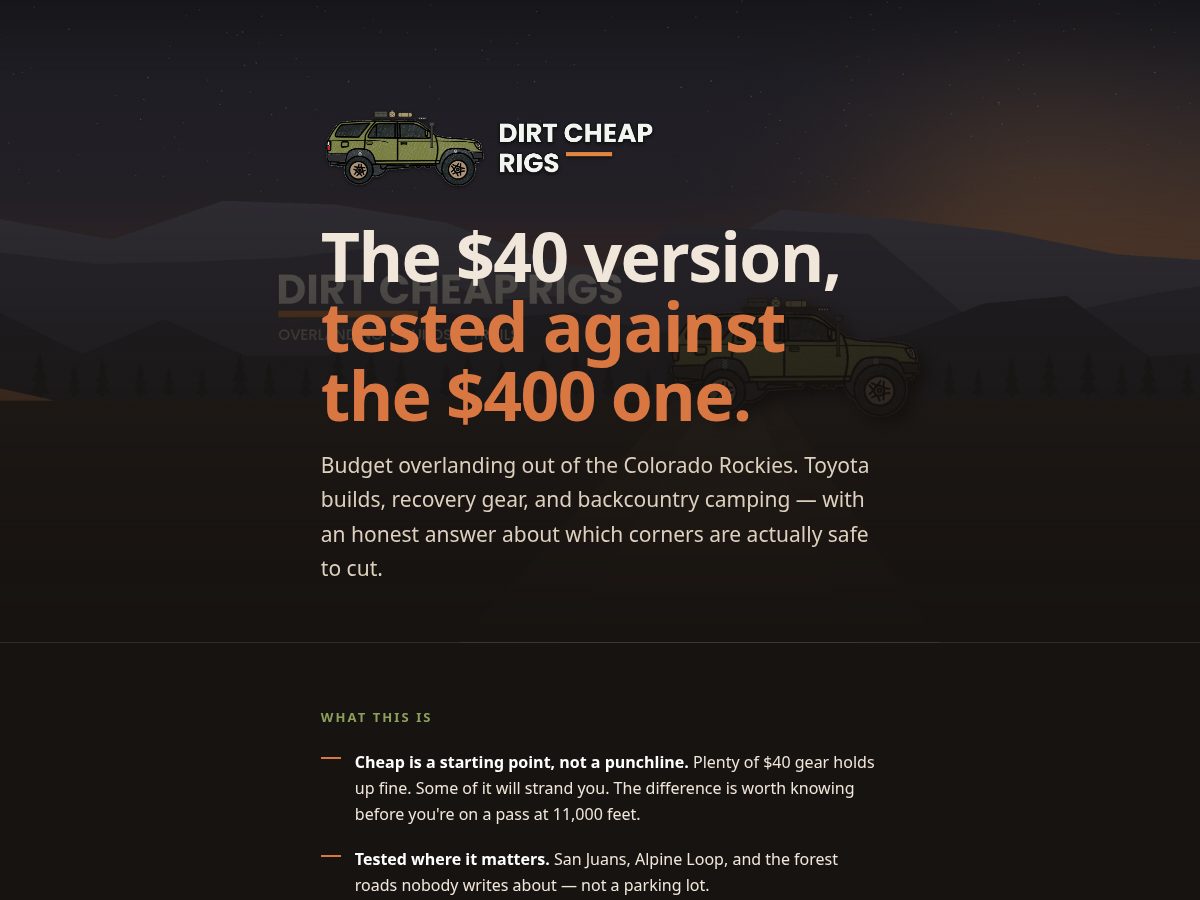 Landing-page snapshot of dirtcheaprigs.com