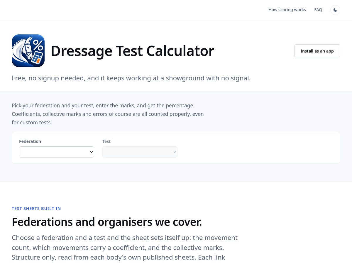 Landing-page snapshot of dressagetestcalculator.com