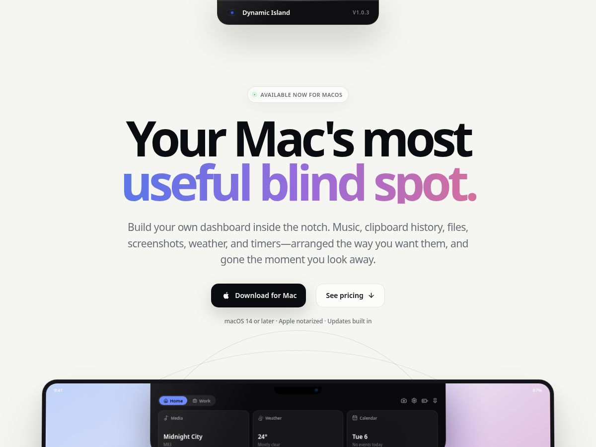Landing-page snapshot of dynamicisland.dev