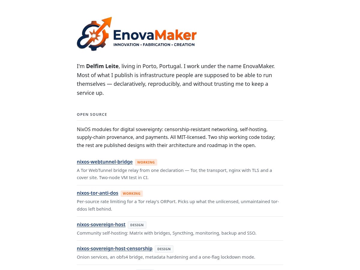Landing-page snapshot of enovamaker.com