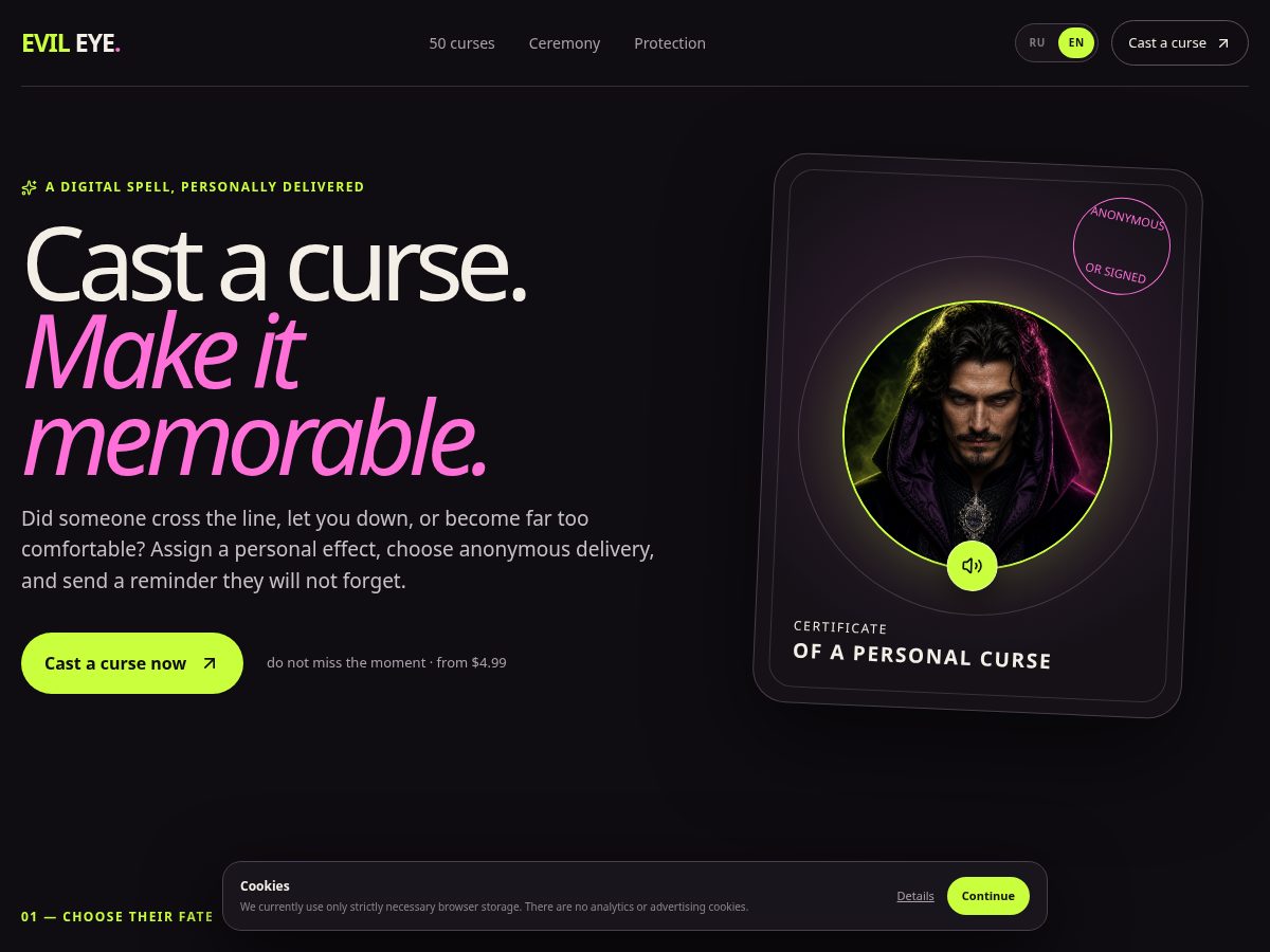 Landing-page snapshot of evileye.today