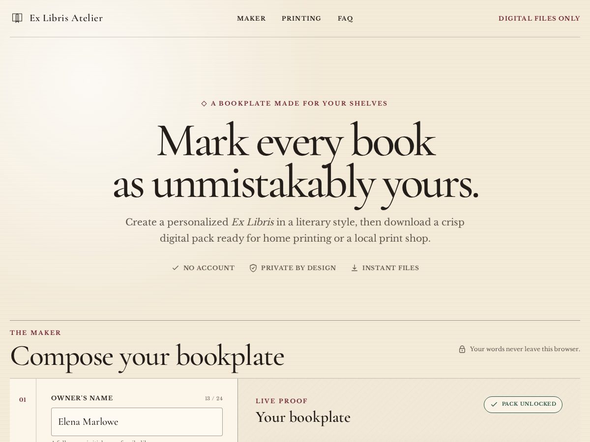 Landing-page snapshot of exlibrisatelier.com