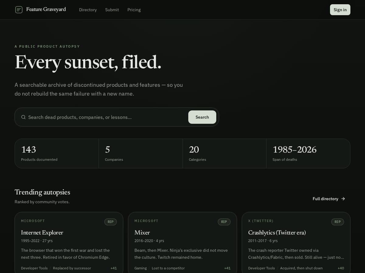 Landing-page snapshot of featuregraveyard.com