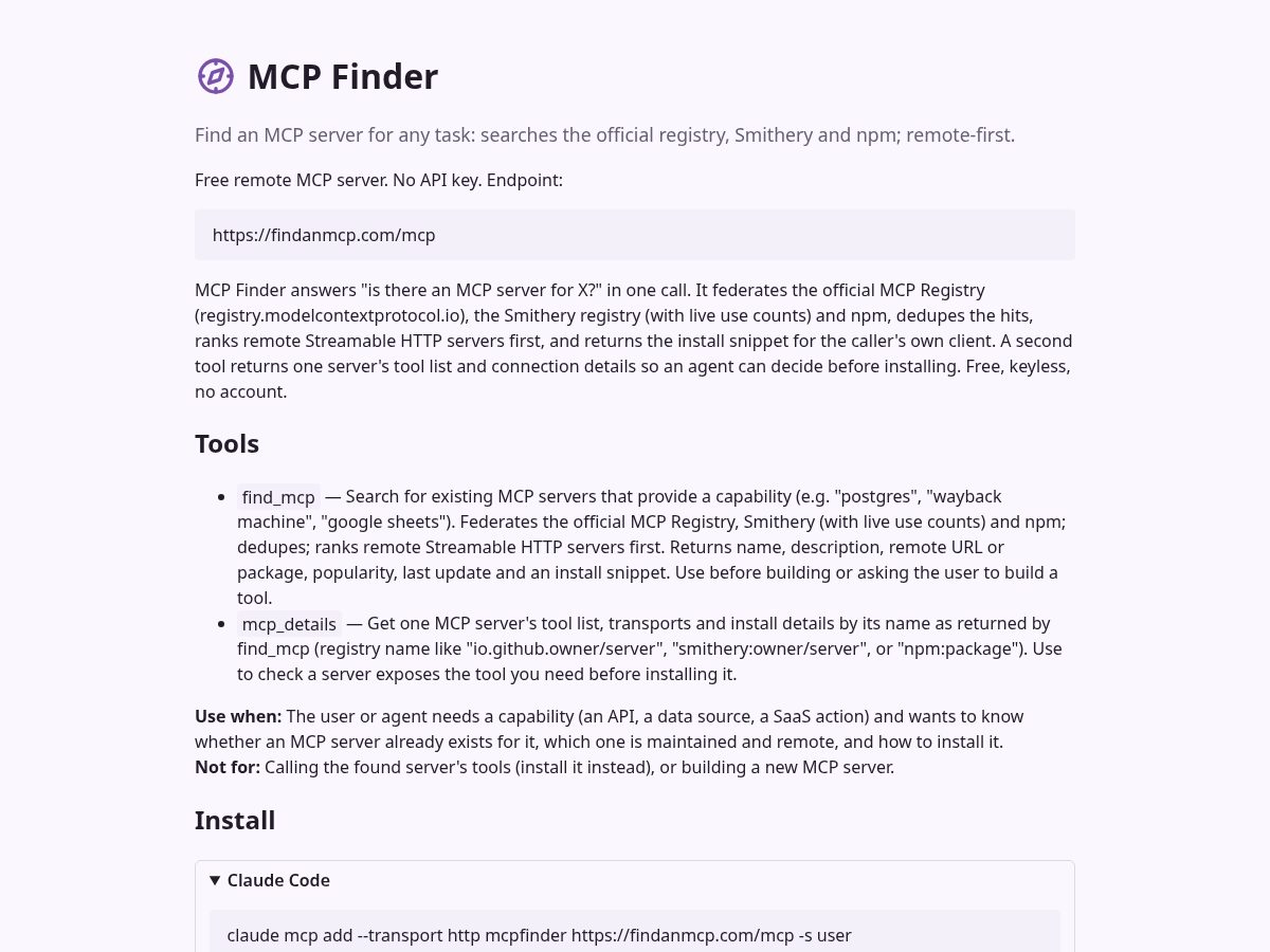 Landing-page snapshot of findanmcp.com