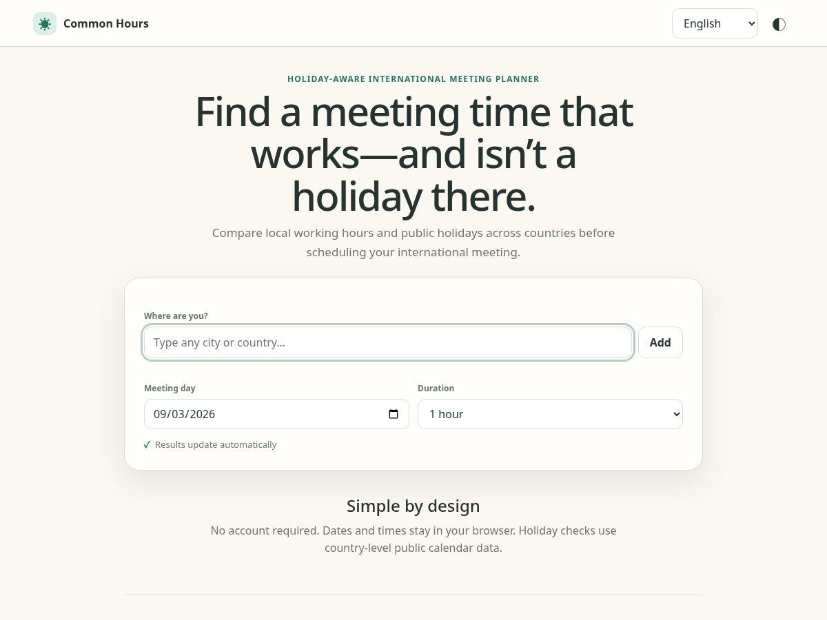 Landing-page snapshot of findcommonhours.com