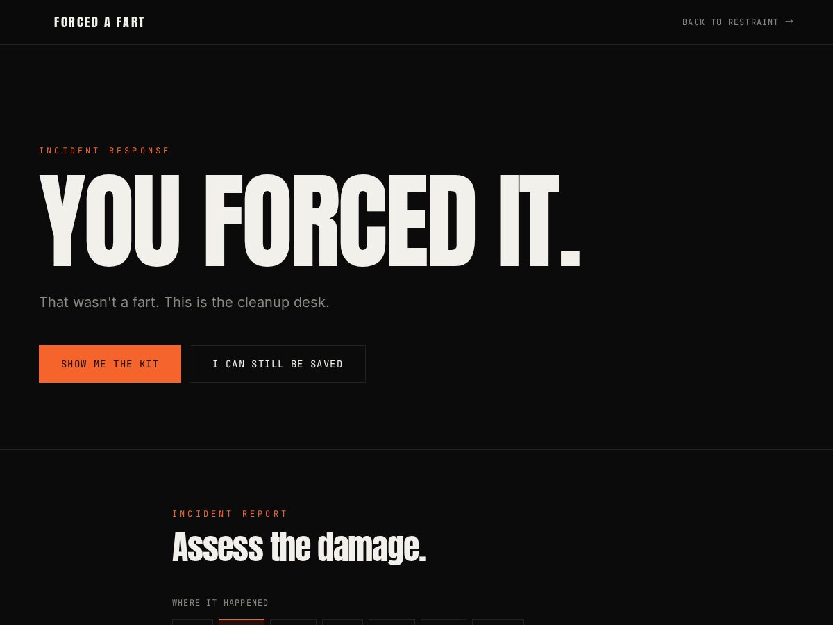 Landing-page snapshot of forcedafart.com