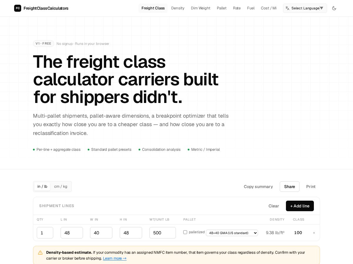 Landing-page snapshot of freightclasscalculators.com