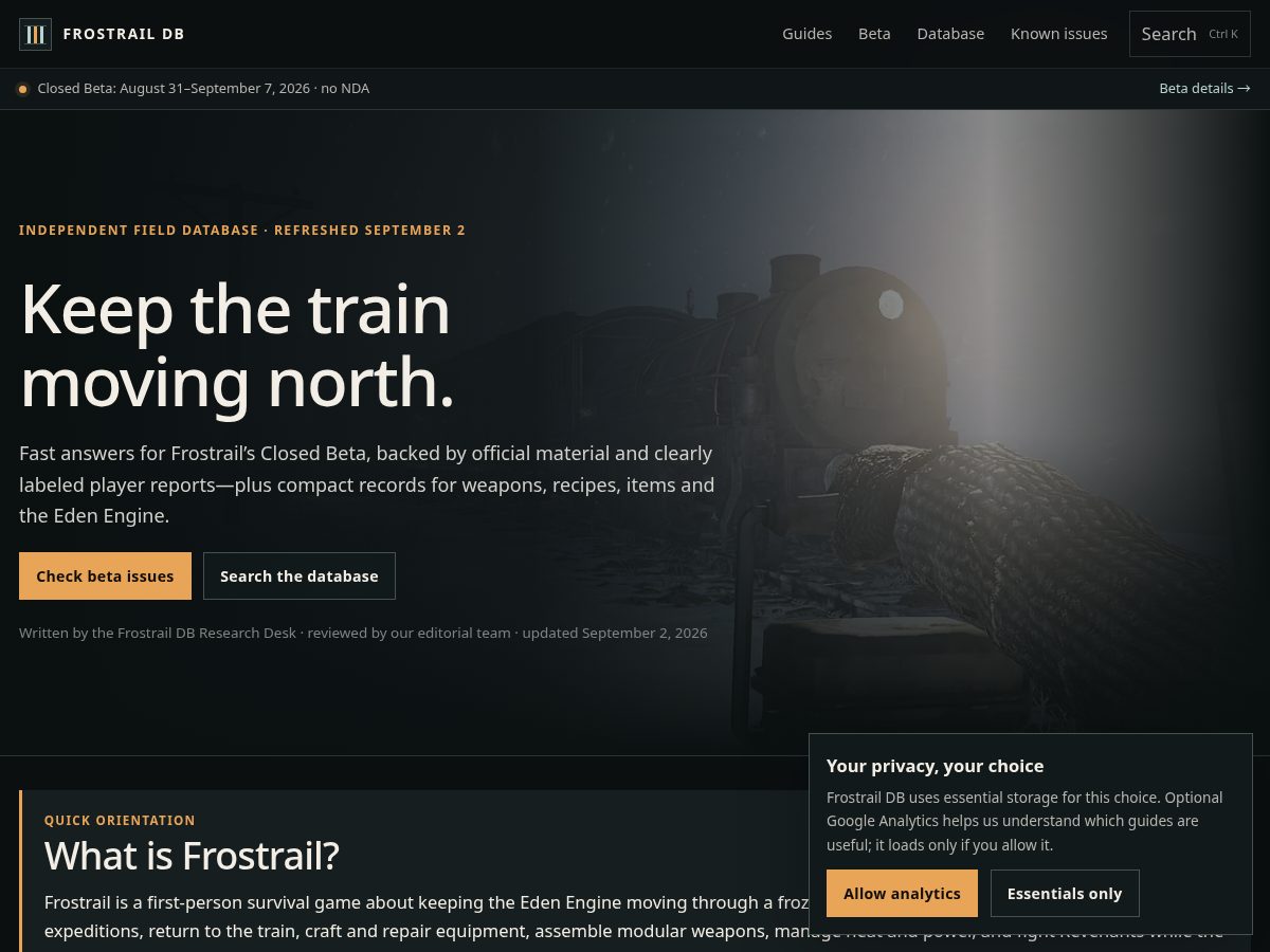 Landing-page snapshot of frostraildb.wiki
